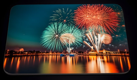 Colorful fireworks of various colors over the river and night sky backgroundの素材