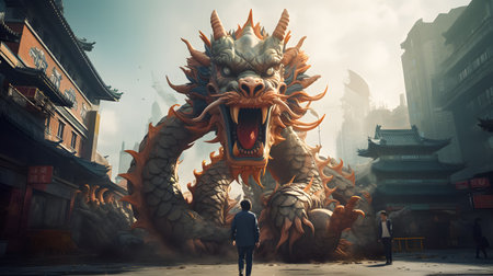 3D chinese dragon on the street in the city while chinese new year festival. Chinese Dragon Backgroundの素材