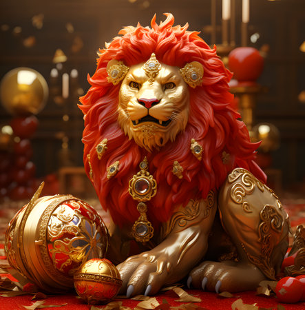 Chinese gold lion 3D in the dark background. chinese new year. mythical lion beastの素材