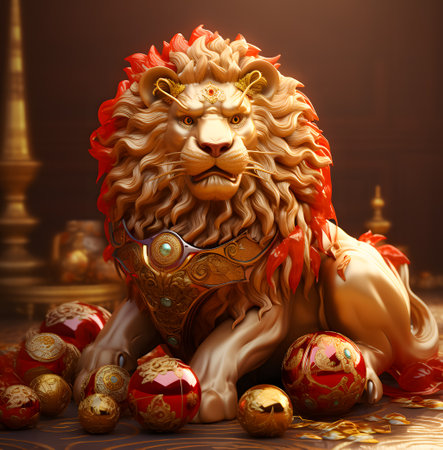 Golden Lion with Chinese New Year decoration. Chinese zodiacの素材