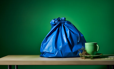 Blue garbage bag on table against green background. Recycling conceptの素材