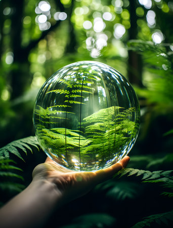 A glass globe in the forest. The concept of environmental protection.の素材