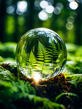 Glass ball with fern leaves in the forest. Concept of environmental conservation.の素材