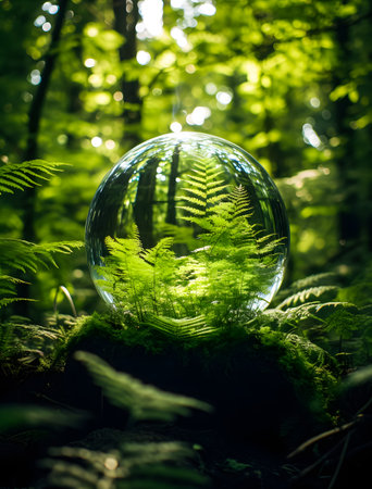 Glass ball with ferns in the forest. Conceptual image.の素材