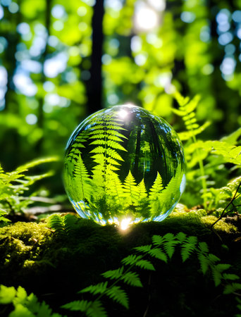 Glass ball with ferns in the forest. Nature concept.の素材
