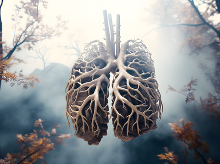 Human Respiratory System Anatomy in foggy forest For Medical Concept  3D rendering and illustration.の素材