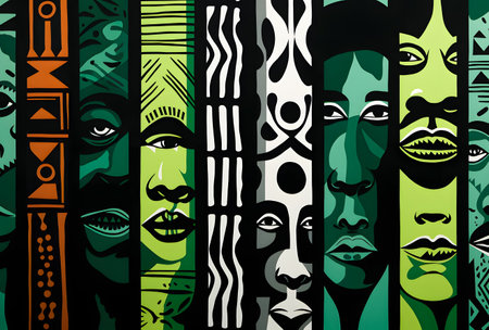 black history month doodle face on abstract background. Black, Yellow, Green and Red Vector illustrationの素材