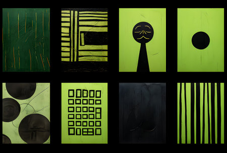 A collection of abstract backgrounds on a black background. Green and black.の素材