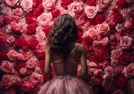 potrait of beautiful girl in elegant dress surrounded by roses flowers. Beauty, fashion. Cosmetics and make-up.の素材
