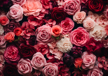 Beautiful pink rose and red artificial roses as a background. Valentine's day backgroundの素材