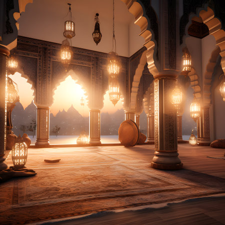 Beautiful interior light in the mosque. Ramadan Kareem background. 3D renderingの素材