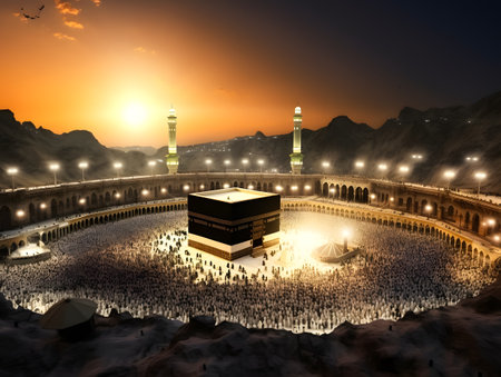 Islamic background ka'bah mosque and the moon in the night sky full of stars ramadan kareem. 3D Renderingの素材