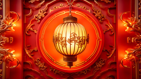 Lantern in chinese style on red wall background, closeupの素材