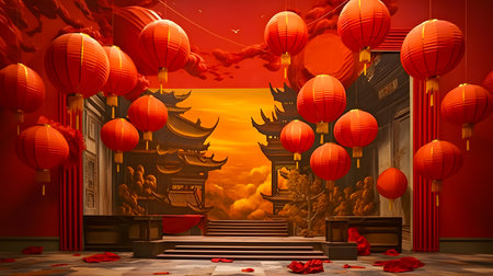 Chinese red lanterns in chinese temple,3d rendering.の素材
