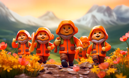 Miniature people in orange life jacket and red raincoat standing in the field of flowersの素材