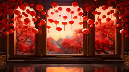 Chinese lanterns in the window of chinese temple,3d renderingの素材