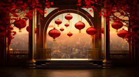 Chinese lanterns in the window of a chinese temple, 3d renderingの素材