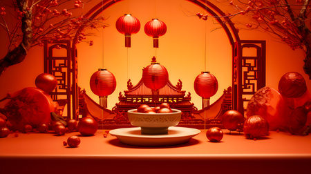 Chinese New Year decoration with lanterns and red lanterns on orange backgroundの素材