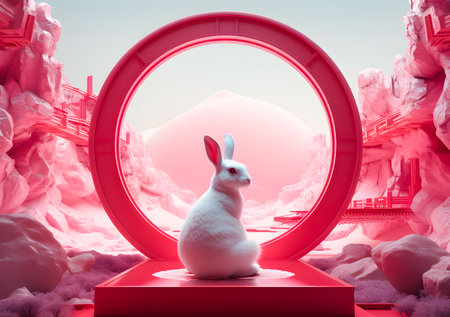 Rabbit sitting on a pedestal in a fantasy landscape. 3d renderingの素材