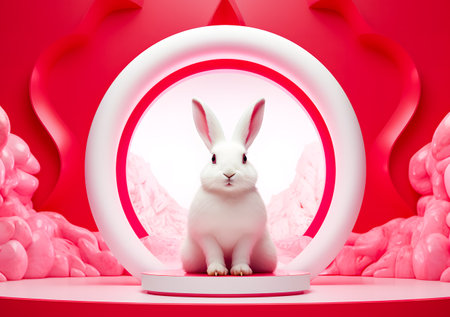 Cute white rabbit sitting on the podium in the pink room. 3d renderingの素材