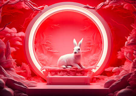 3d render of white rabbit sitting on a podium in a red backgroundの素材