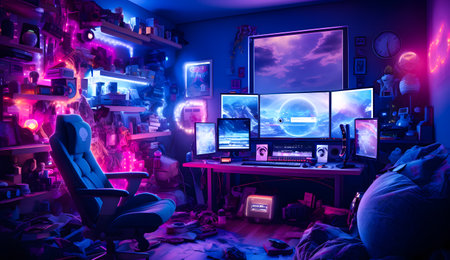 Interior of a gaming room with a lot of gaming equipment.の素材