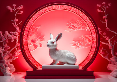 White rabbit on red background. Chinese zodiac. 3D renderingの素材