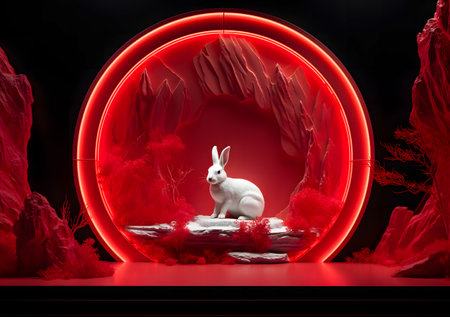 White rabbit in red neon circle. 3D rendering. Red background.の素材
