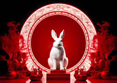 White rabbit on a red podium in a red circle. 3d renderingの素材