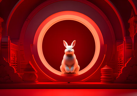 3d rendering of a white rabbit sitting in a red circle.の素材
