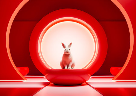 3d rendering of a white rabbit sitting on a podium in a red roomの素材