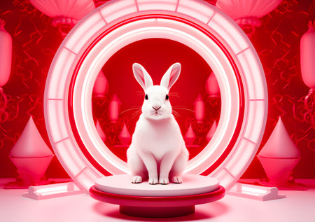 3d rendering of a white rabbit on a podium in a red backgroundの素材