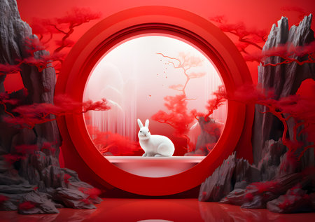 White rabbit in a red round window. 3d render illustration.の素材