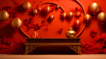 Chinese lanterns and chinese paper lanterns in red interior. 3D renderingの素材