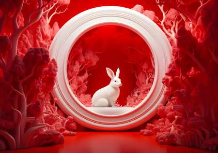 White rabbit sitting on a round mirror in the red forest. 3D renderingの素材