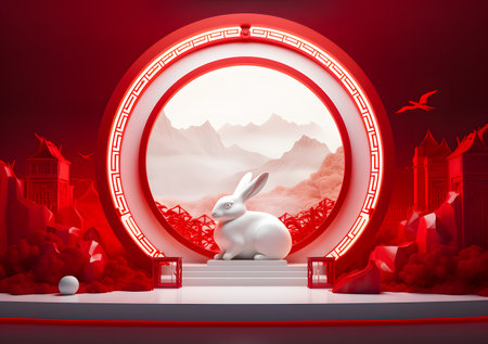 Chinese New Year of the Rabbit, 3d render, red backgroundの素材