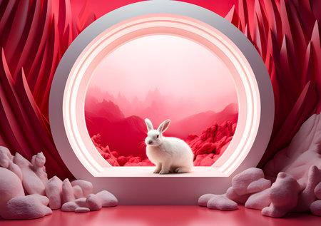 White rabbit sitting in a round window on a red background. 3d renderingの素材
