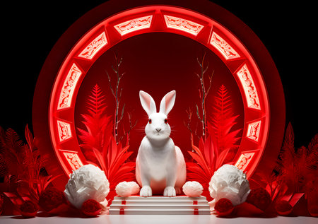 White rabbit and Easter eggs on a red background. 3d renderingの素材