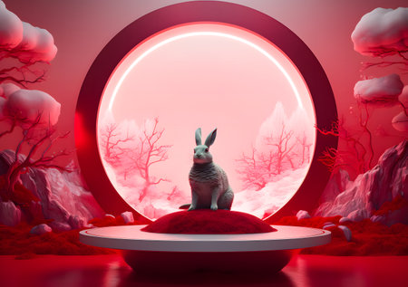 3d rendering of a rabbit sitting on a podium in the forestの素材