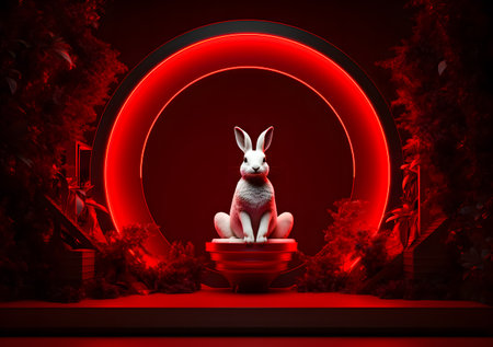 White rabbit sitting in a flower pot on a red background. 3d renderingの素材