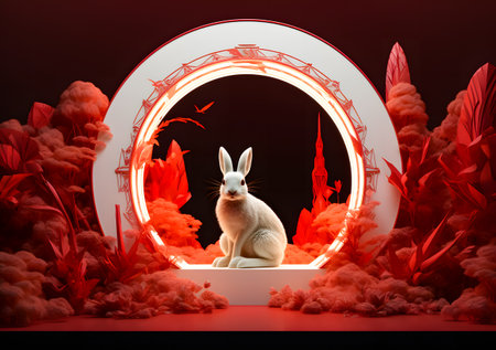 3d rendering of a white rabbit sitting in a round frame with a red fire backgroundの素材