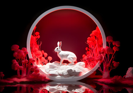 White rabbit in the red circle. 3d rendering, 3d illustration.の素材