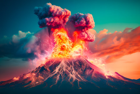 Volcanic eruption at sunset with ash and smoke in the foregroundの素材