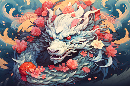 Chinese dragon with flowers. Vector illustration of a dragon with flowers.の素材