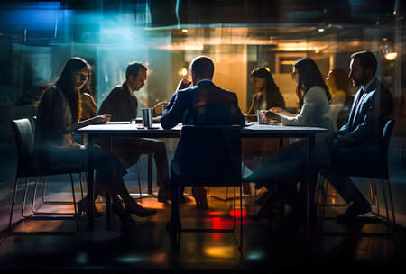 Silhouettes of businesspeople working together in the night office.の素材