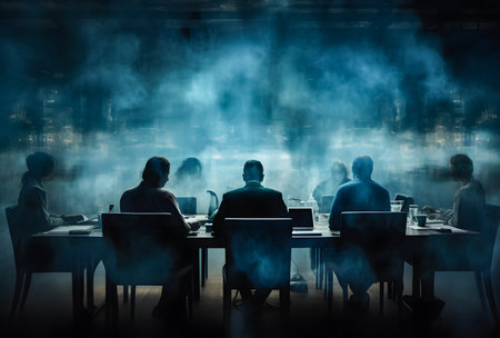 Silhouette of business people in conference room with smoke and fogの素材
