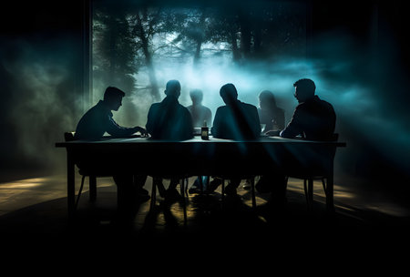 Silhouette of a group of business people sitting at the table in a dark room with smoke and fogの素材