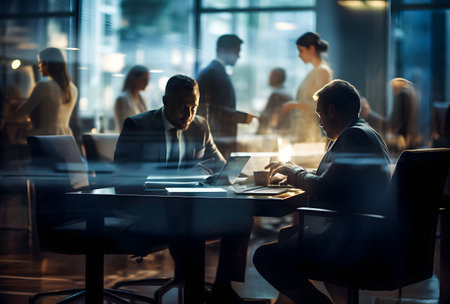 Silhouettes of diverse business people working together in a modern officeの素材