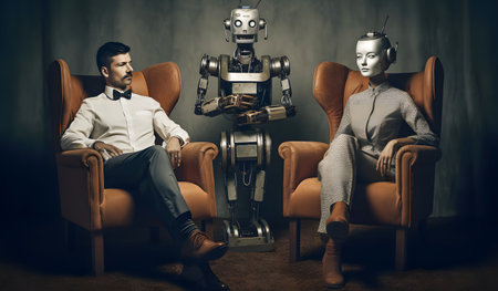 Young man and woman sitting in armchairs and talking with robot.の素材