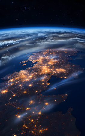 Europe from space on planet Earth at night with visible city lights. 3D illustration.の素材